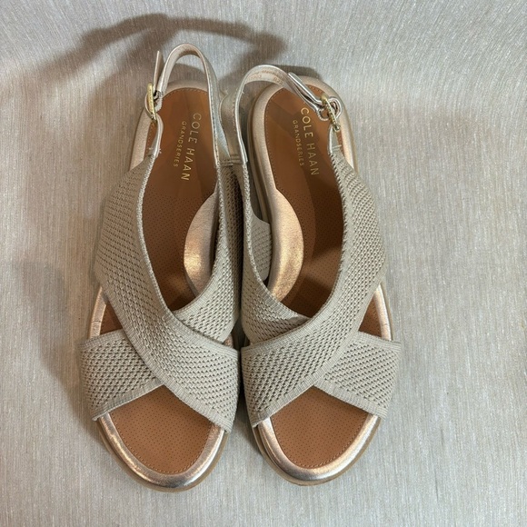 COLE HAAN Sz 8.5B Mikaela Stitchlite Gold Insole Trim Crisscross Sling Sandals - Picture 3 of 8